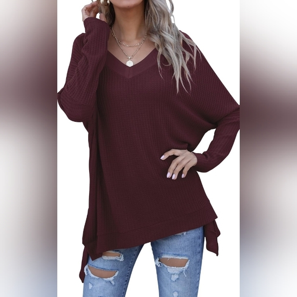 Oversized V-Neck Batwing Sleeve Waffle Knit Split Hem Tunic Maroon MSRP $39.99 - Picture 6 of 11